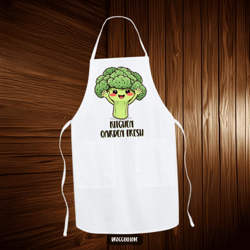 Funny broccoli apron with smiling florets and tiny waving arms, designed for enthusiastic and joyful cooking.