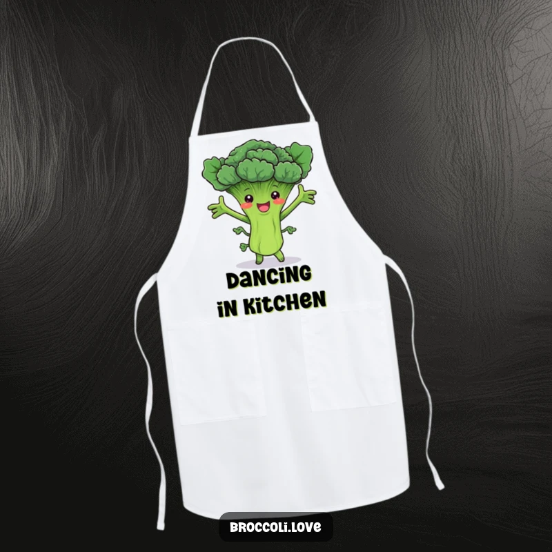 Funny apron with a delighted broccoli stalk dancing with outstretched leafy arms, perfect for a fun and protected cooking experience.