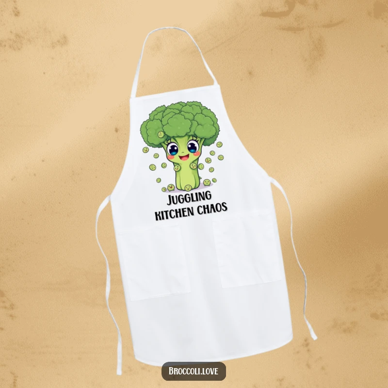 Funny apron with a delightful broccoli character energetically juggling small smiling peas, ideal for kitchen fun and spills.