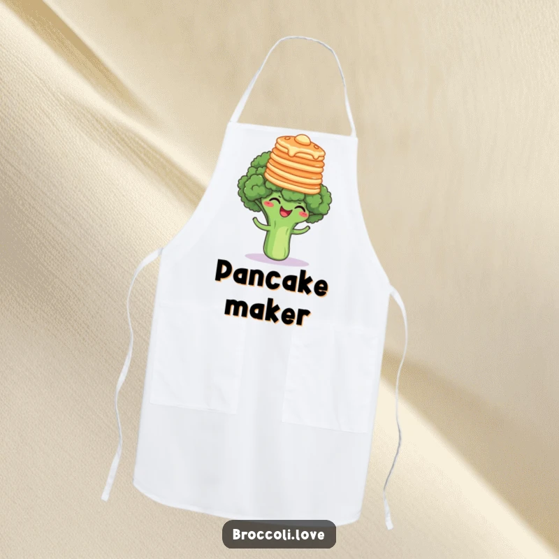 Funny broccoli floret giggling while balancing a stack of pancakes on its head, a humorous and practical kitchen apron.
