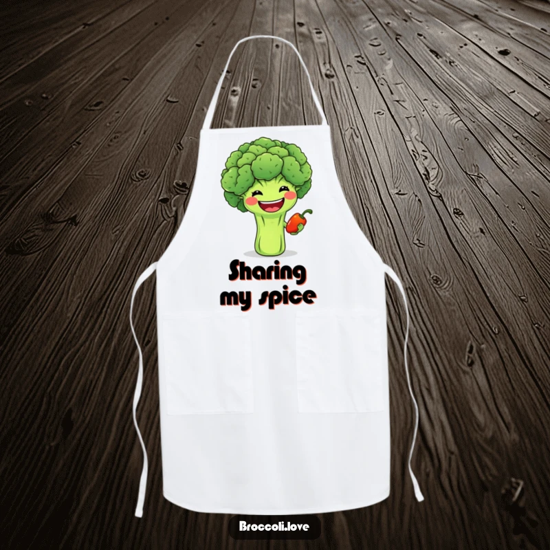 Funny apron with a wide-grinning broccoli offering a small smiling pepper, perfect for cooking and sharing cheer.