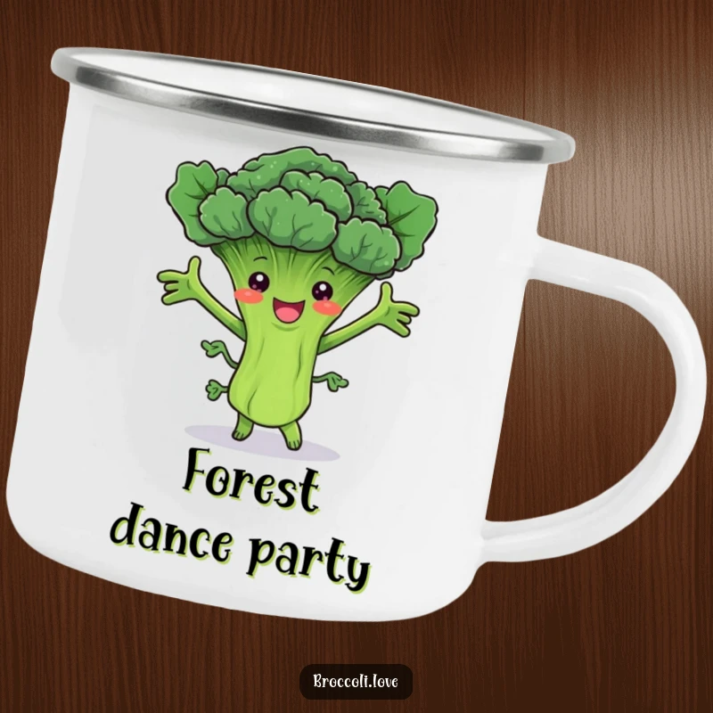Funny camping mug showing a happy broccoli stalk with leafy arms joyfully dancing, perfect for outdoor merriment.