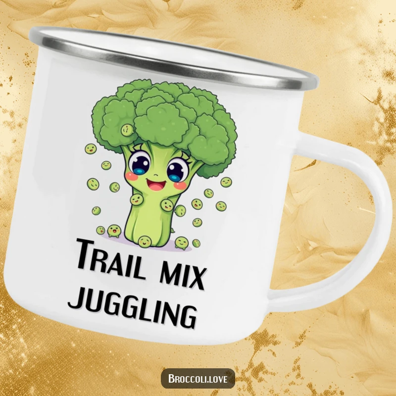 Funny camping mug showing a joyful broccoli with big eyes enthusiastically juggling tiny smiling peas, perfect for campfire laughs.