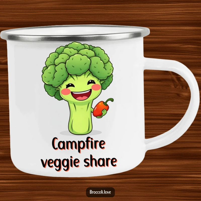 Funny camping mug showing a happy broccoli with a wide grin offering a tiny pepper, perfect for outdoor camaraderie.