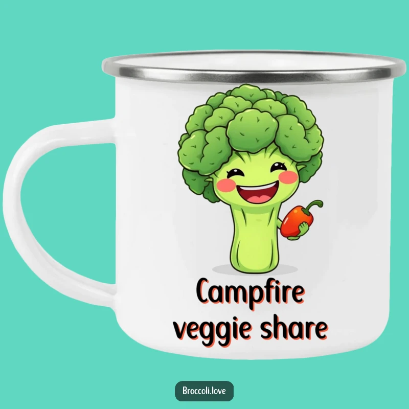 Funny Grinning Broccoli & Pepper Camping Mug - Outdoor Veggie Pals