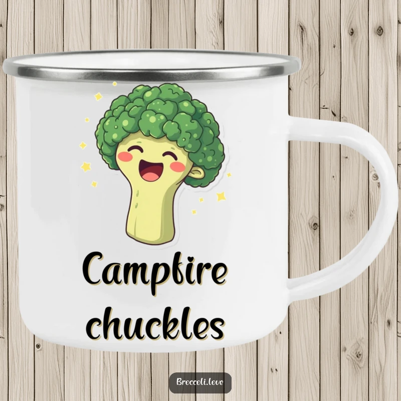 Funny camping mug showing a broccoli head erupting in laughter, surrounded by sparkling dots, perfect for outdoor merriment.
