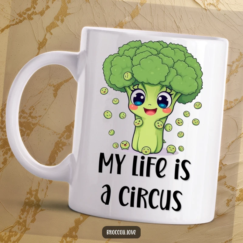 Funny mug featuring a happy broccoli head with large eyes joyfully juggling small, smiling peas, embodying playful veggie humor.