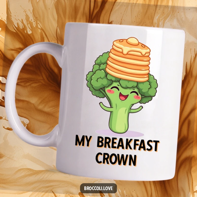 Funny broccoli floret giggling while triumphantly balancing a tall stack of pancakes on its head, a joyful breakfast scene.