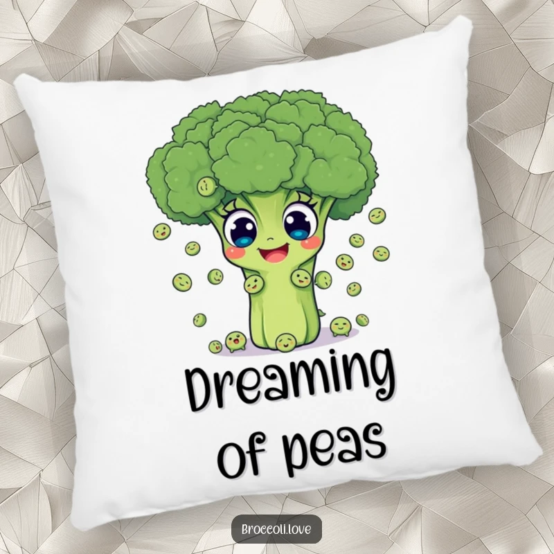 Funny pillow featuring a smiling broccoli head with wide, joyful eyes, happily juggling miniature peas, adding comfort and humor.