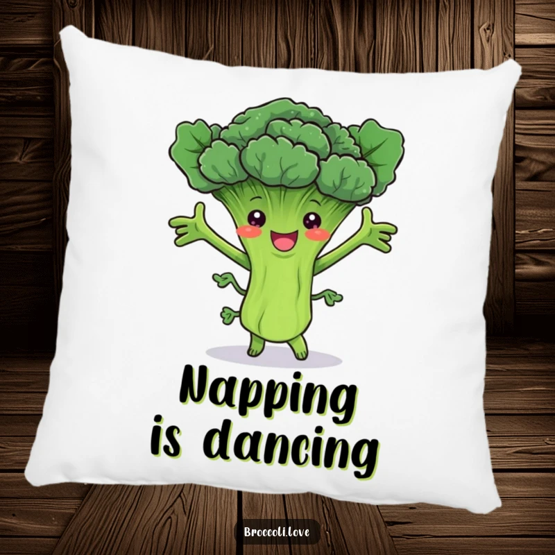 Funny pillow showcasing a cheerful broccoli stalk joyfully dancing with leafy arms, offering comfort and humorous charm.