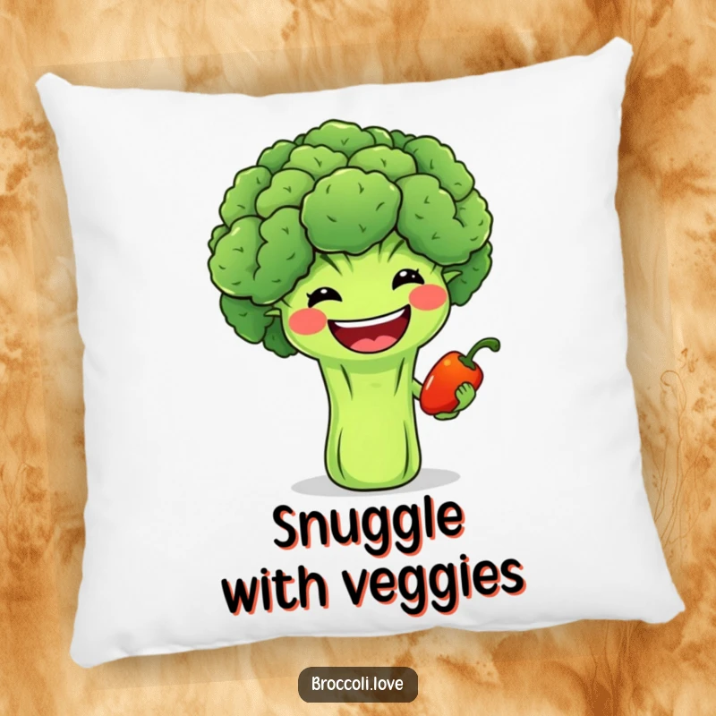 Funny pillow featuring a smiling broccoli with a wide grin offering a tiny pepper, providing comfort and a cheerful vibe.