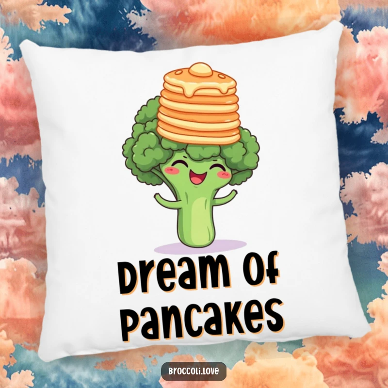 Funny broccoli floret giggling with a stack of pancakes balanced on its head, a soft and humorous decorative pillow.