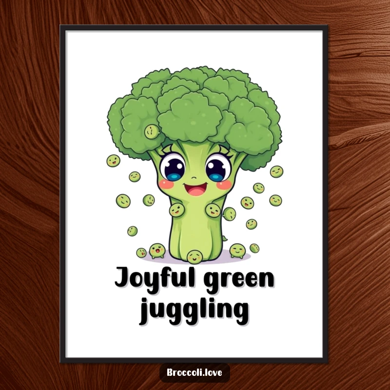 Funny digital art print of a joyful broccoli with big eyes happily juggling tiny smiling peas, perfect for vibrant decor.