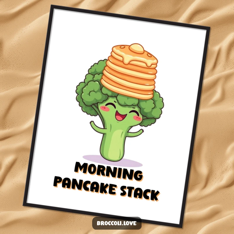 Funny broccoli floret giggling while balancing a stack of pancakes on its head, a high-resolution humorous digital art print.