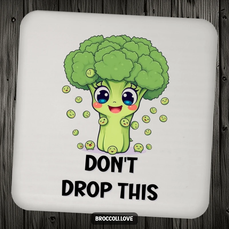 Funny coaster with a cheerful broccoli character joyfully juggling small smiling peas, protecting surfaces with a touch of humor.