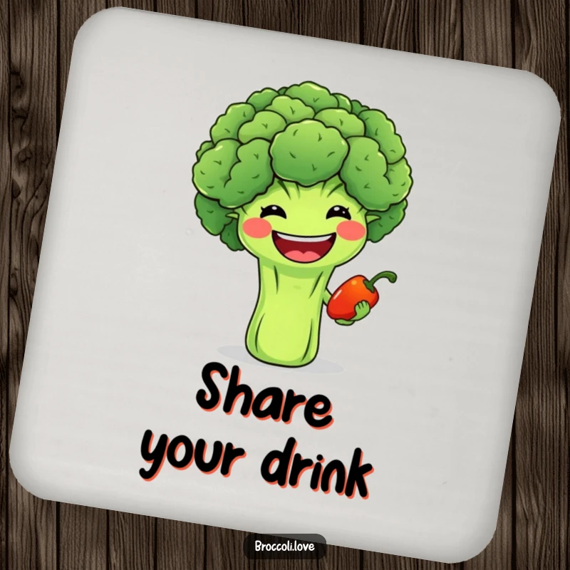Funny coaster with a cheerful broccoli with a wide grin offering a tiny smiling pepper, protecting surfaces with friendliness.
