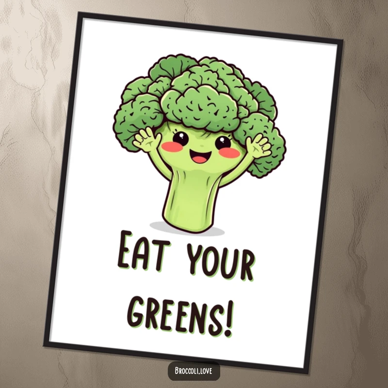 Funny broccoli poster showing smiling florets with tiny waving arms, radiating happiness and a love for healthy food.