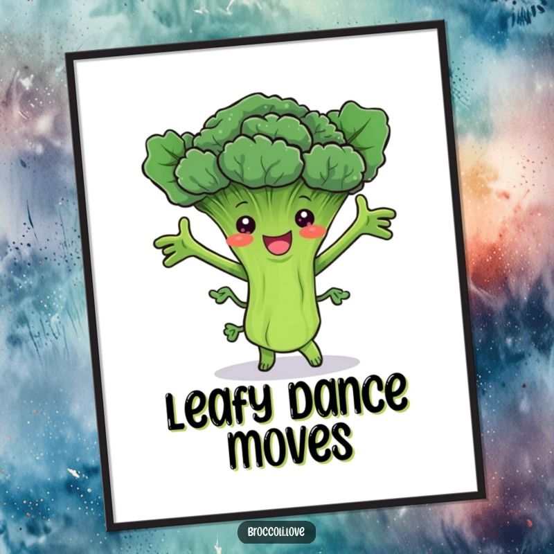 Funny poster art of a joyful broccoli stalk with leafy arms joyfully dancing, radiating positive veggie energy.