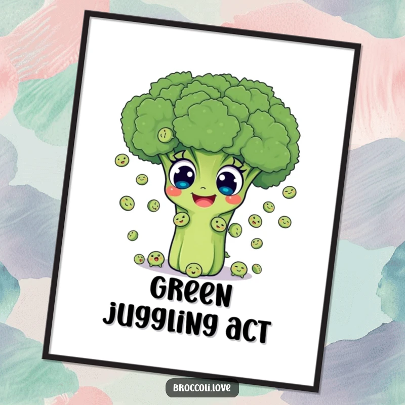 Funny poster art of a cheerful broccoli with big eyes joyfully juggling tiny peas, bringing playful veggie energy to any wall.