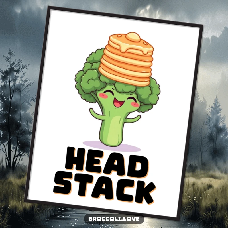 Funny broccoli floret giggling while balancing a stack of pancakes on its head, a vibrant and humorous breakfast-themed art print.