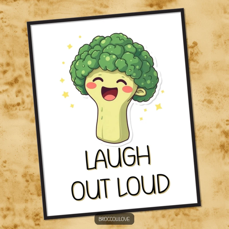 Funny poster art of a broccoli head overcome with laughter, surrounded by sparkling dots, radiating pure veggie mirth.