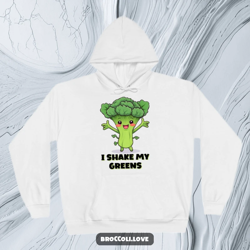 Funny hoodie depicting a happy broccoli stalk with leafy arms joyfully dancing, offering cozy comfort and humor.