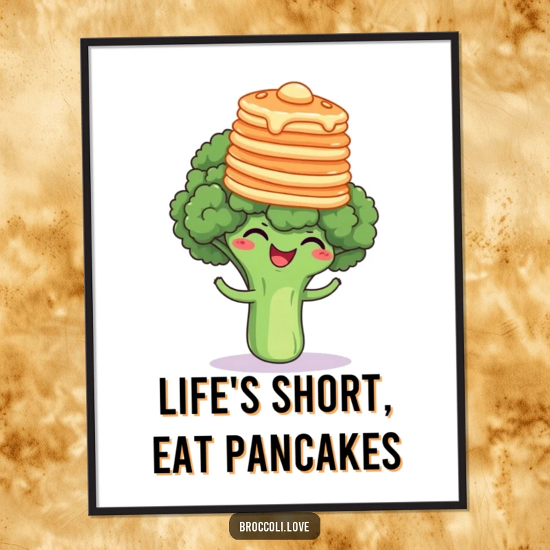 Funny Free Printable Wall Art: Broccoli floret giggling while balancing a stack of pancakes on its head, whimsical food art.