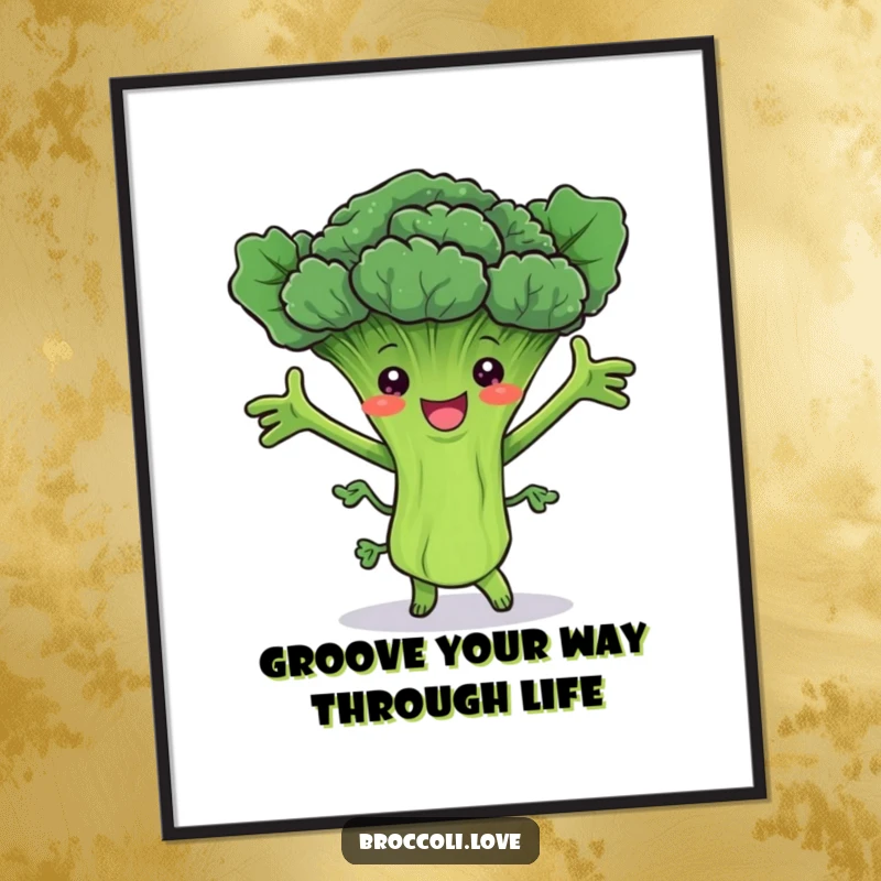 Funny Free Printable Wall Art of a broccoli stalk doing a happy dance with outstretched leafy arms, a lively downloadable piece.
