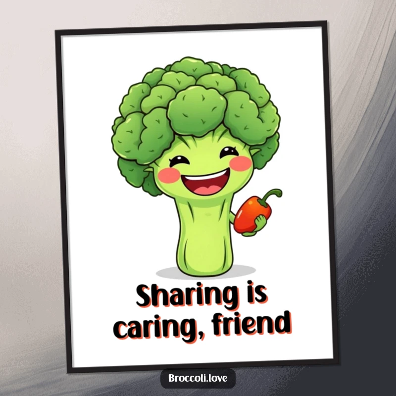 Funny Free Printable Wall Art of a broccoli with a wide smile offering a tiny smiling pepper, a cheerful downloadable piece.