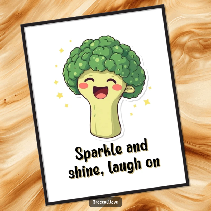 Funny Free Printable Wall Art of a broccoli head erupting in laughter surrounded by sparkling dots, a joyous downloadable piece.