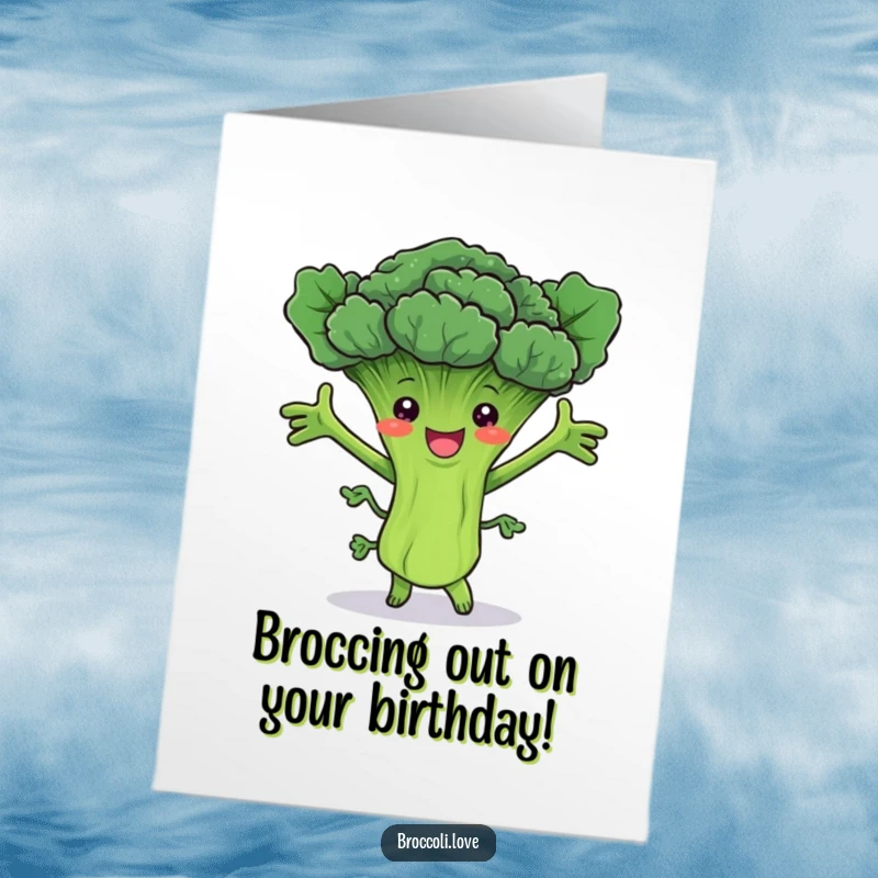 Funny Free Printable Birthday Card of a broccoli stalk dancing happily with leafy arms outstretched, a quirky downloadable gift.