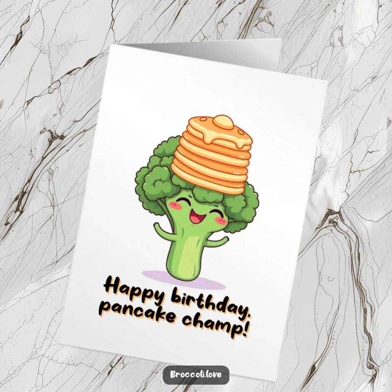 Funny Free Printable Birthday Card: Broccoli floret giggling while balancing a tall stack of pancakes on its head, celebrating merrily.