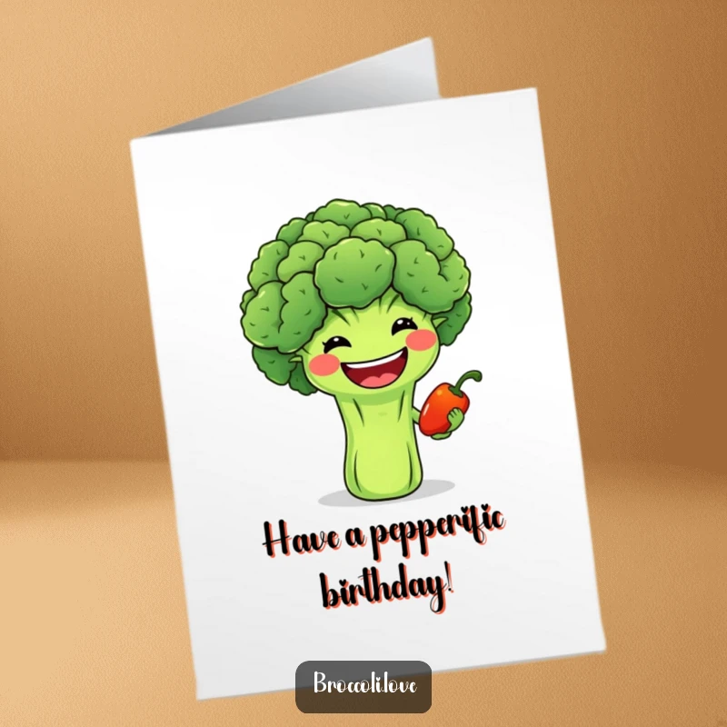 Funny Free Printable Birthday Card of a broccoli with a wide grin offering a tiny smiling pepper, a sweet downloadable gift.