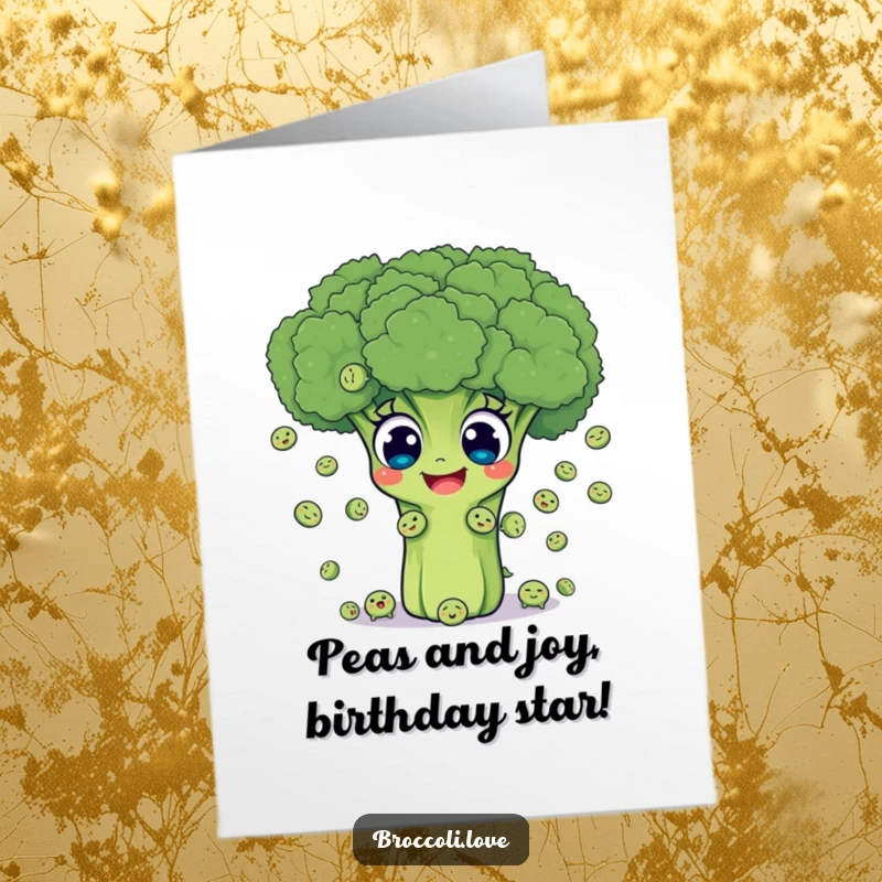 Funny Free Printable Birthday Card of a broccoli head joyfully juggling tiny smiling peas, perfect for a downloadable gift.