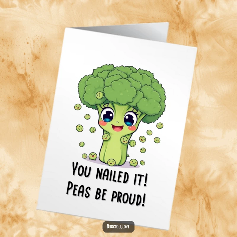 Funny Free Printable Congratulations Card with a broccoli happily juggling smiling peas, a great downloadable gift.