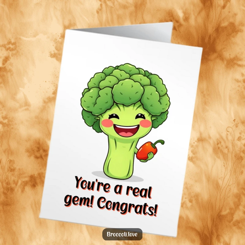 Funny Free Printable Congratulations Card with a broccoli grinning and offering a pepper, a friendly downloadable gift.