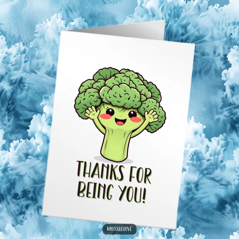 Funny Free Printable Thank You Card: Smiling broccoli florets wave with tiny arms, offering a fun and humorous thank you, a downloadable.