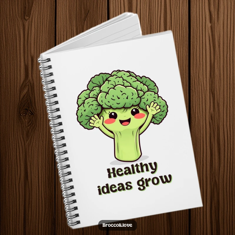 Funny broccoli notebook featuring smiling florets with tiny waving arms, ideal for note-taking with a dose of cheer.