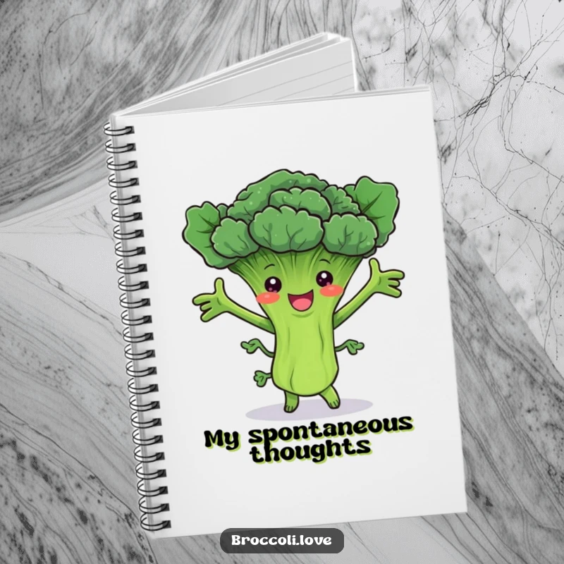 Funny notebook with a cheerful broccoli stalk joyfully dancing with leafy arms, inspiring creativity and movement.