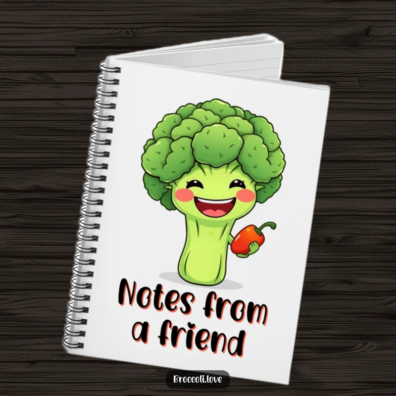 Funny notebook with a cheerful broccoli with a wide grin offering a tiny smiling pepper, inspiring friendly notes.
