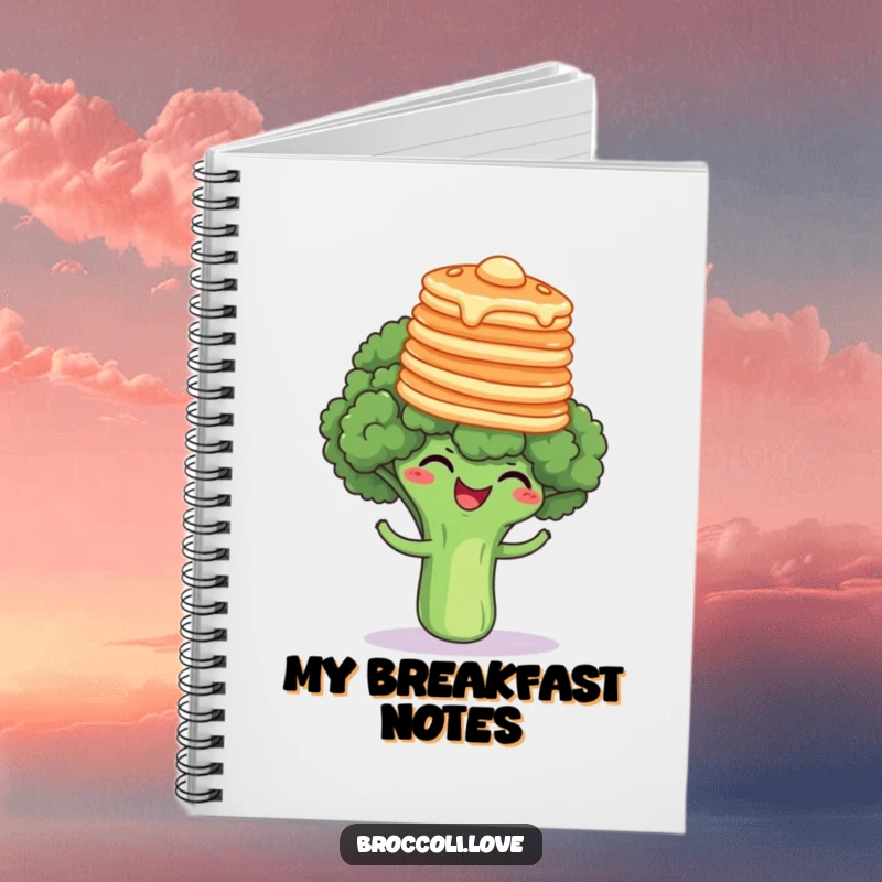 Funny broccoli floret giggling with a stack of pancakes on its head, a humorous and practical notebook cover design.