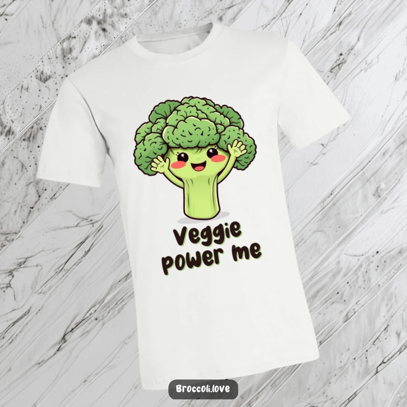 Funny broccoli t-shirt with smiling florets and tiny waving arms, embodying cheerful energy and a healthy message.