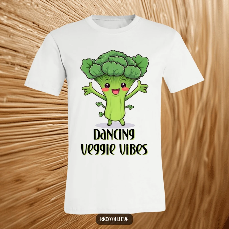 Funny t-shirt with a cheerful broccoli stalk dancing with outstretched leafy arms, radiating pure veggie joy.