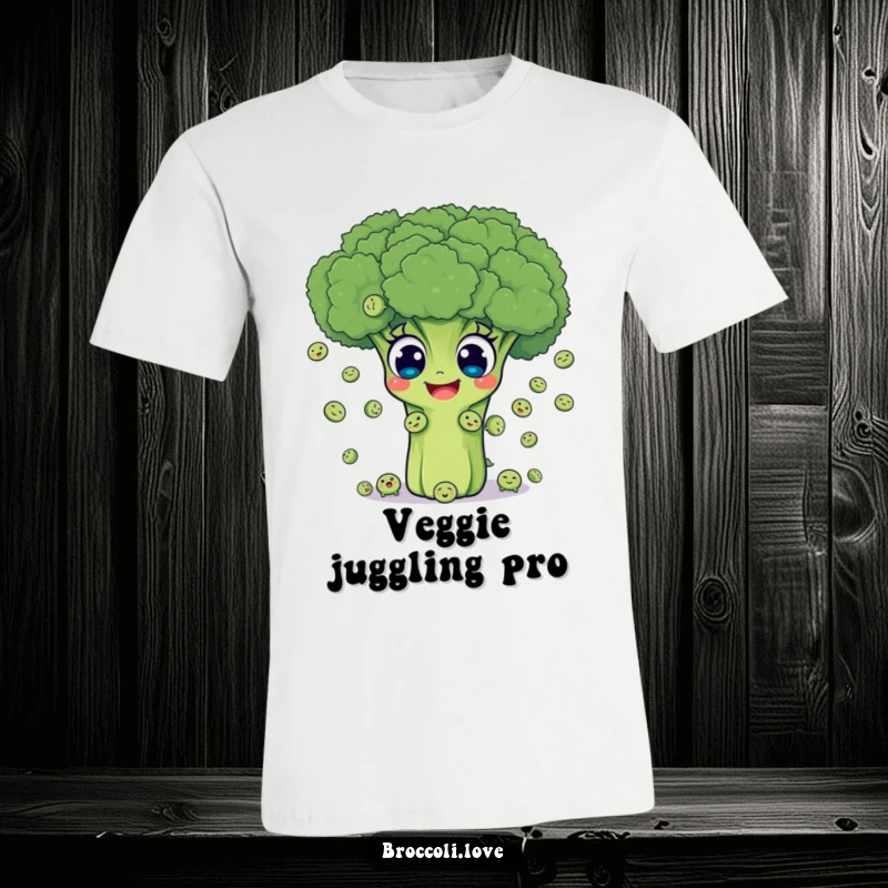 Funny t-shirt depicting a cheerful broccoli with big eyes enthusiastically juggling tiny smiling peas, a humorous veggie illustration.