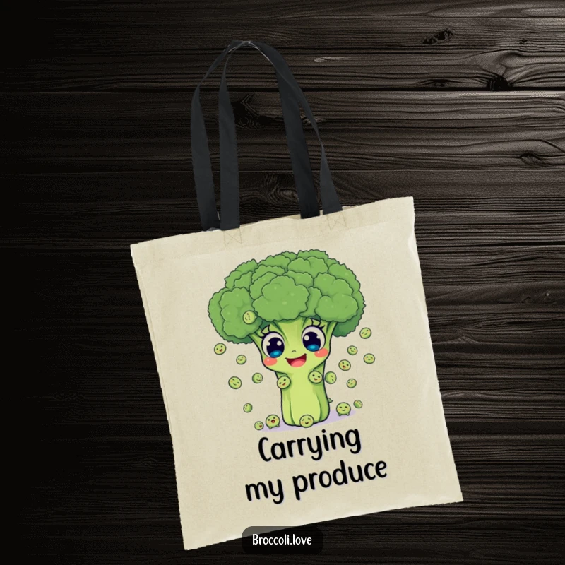 Funny tote bag with a joyful broccoli character energetically juggling small smiling peas, perfect for grocery runs and laughs.