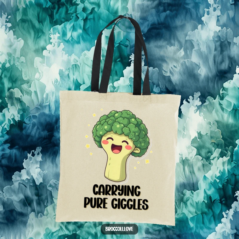 Funny tote bag with a broccoli head erupting in laughter, surrounded by sparkling dots, perfect for cheerful errands.